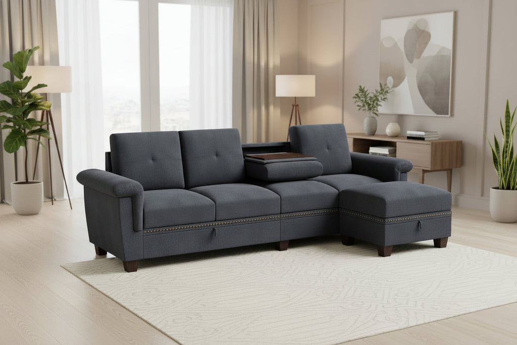 L Shaped Four Seat Sectional Sofa Storage Ottoman Couch