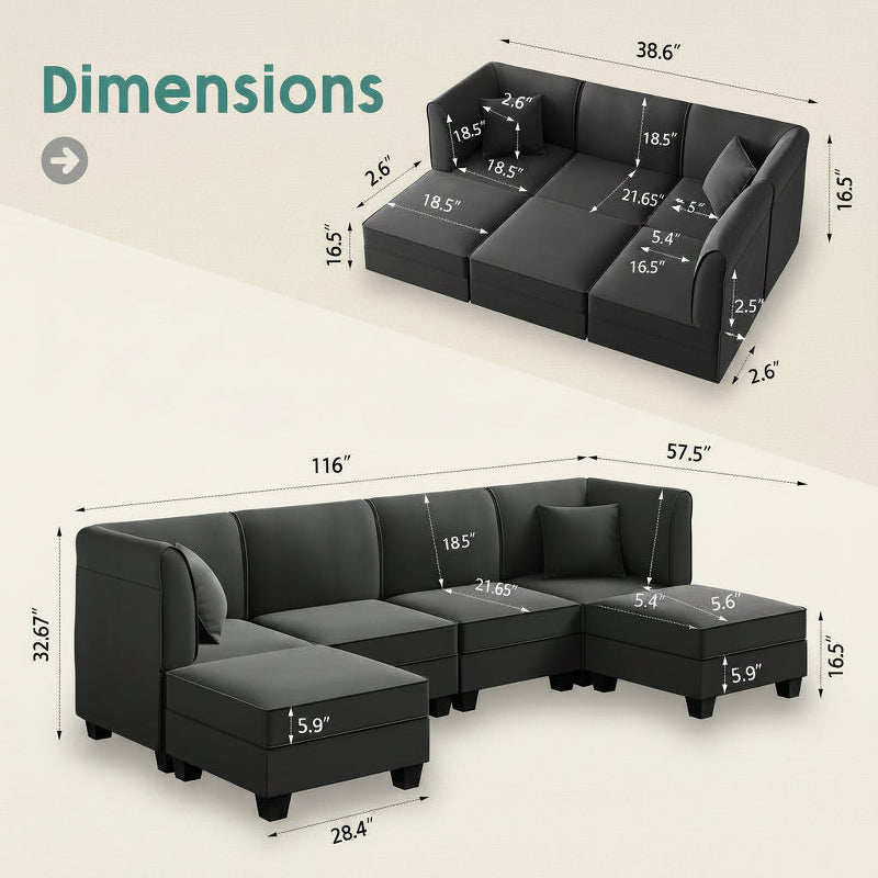 U Shaped Convertible Sectional Sofa Six Seat Living Room