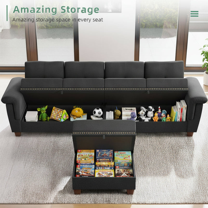 L Shaped Four Seat Sectional Sofa Storage Ottoman Couch