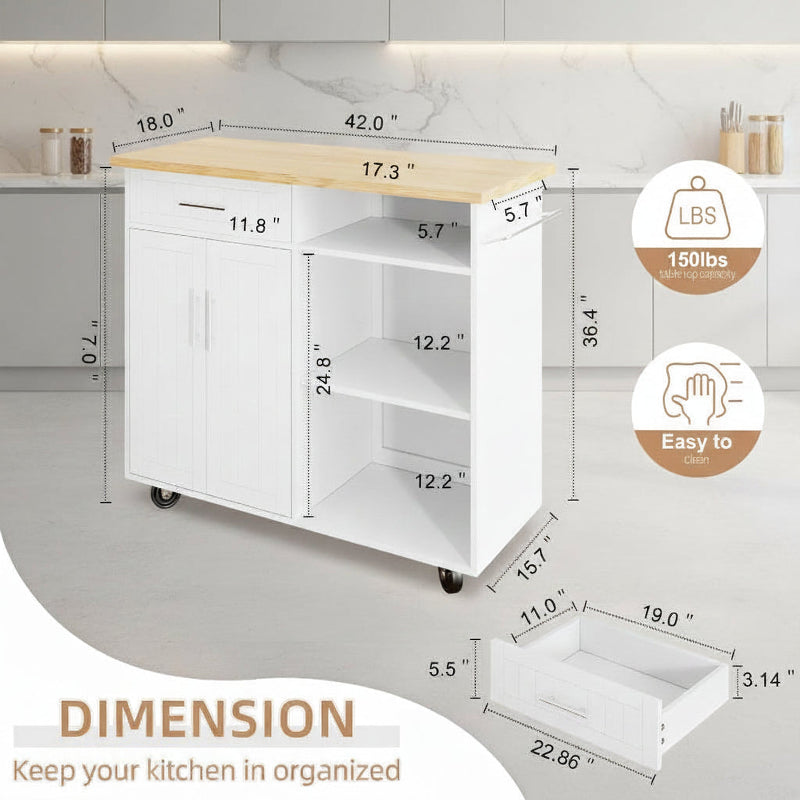 Kitchen Island Cart Solid Wood Top Forty Two Inch Storage