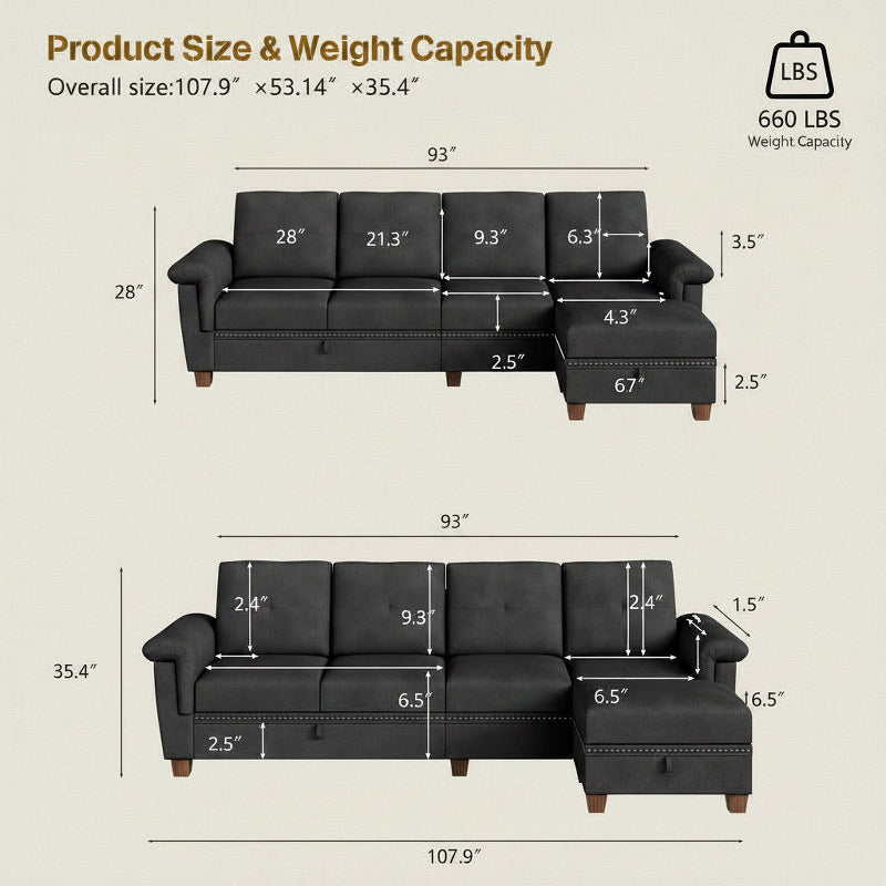 L Shaped Four Seat Sectional Sofa Storage Ottoman Couch