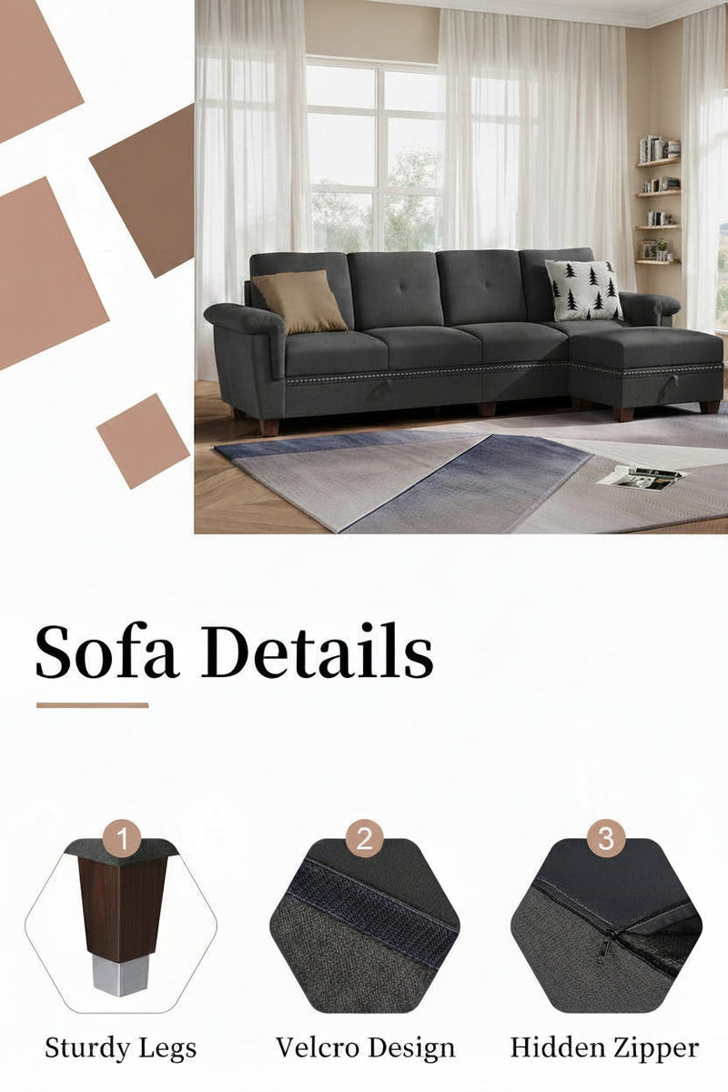 L Shaped Four Seat Sectional Sofa Storage Ottoman Couch