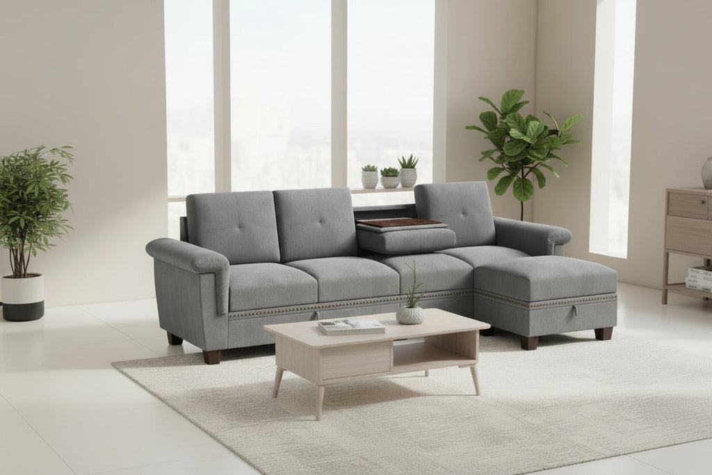 L Shaped Four Seat Sectional Sofa Storage Ottoman Couch