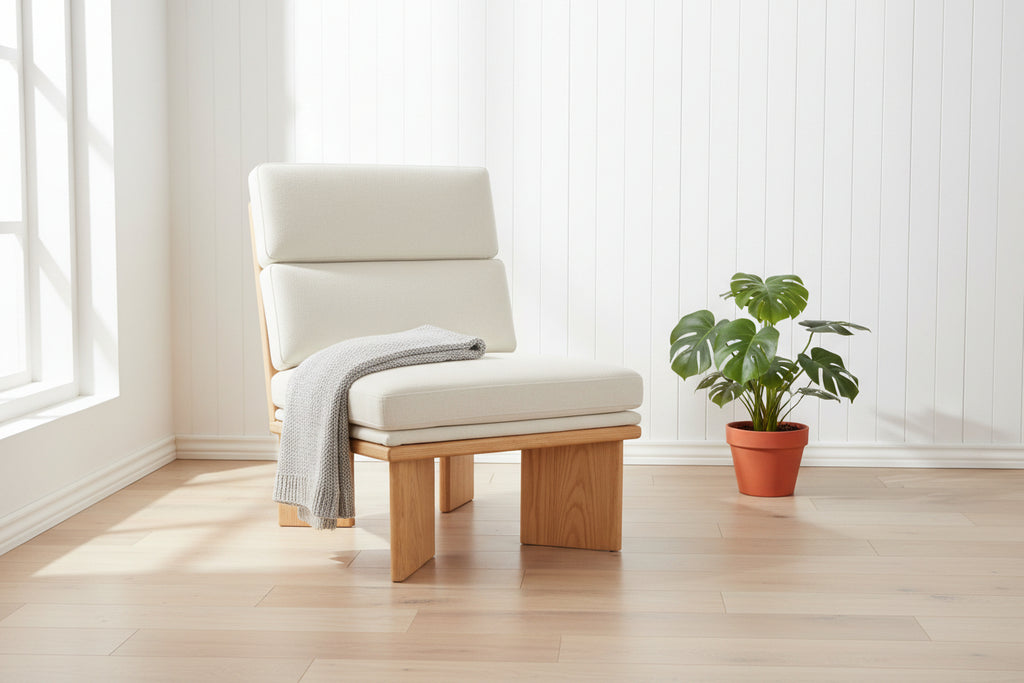 Oak Frame Lounge Chair with Herringbone Upholstery