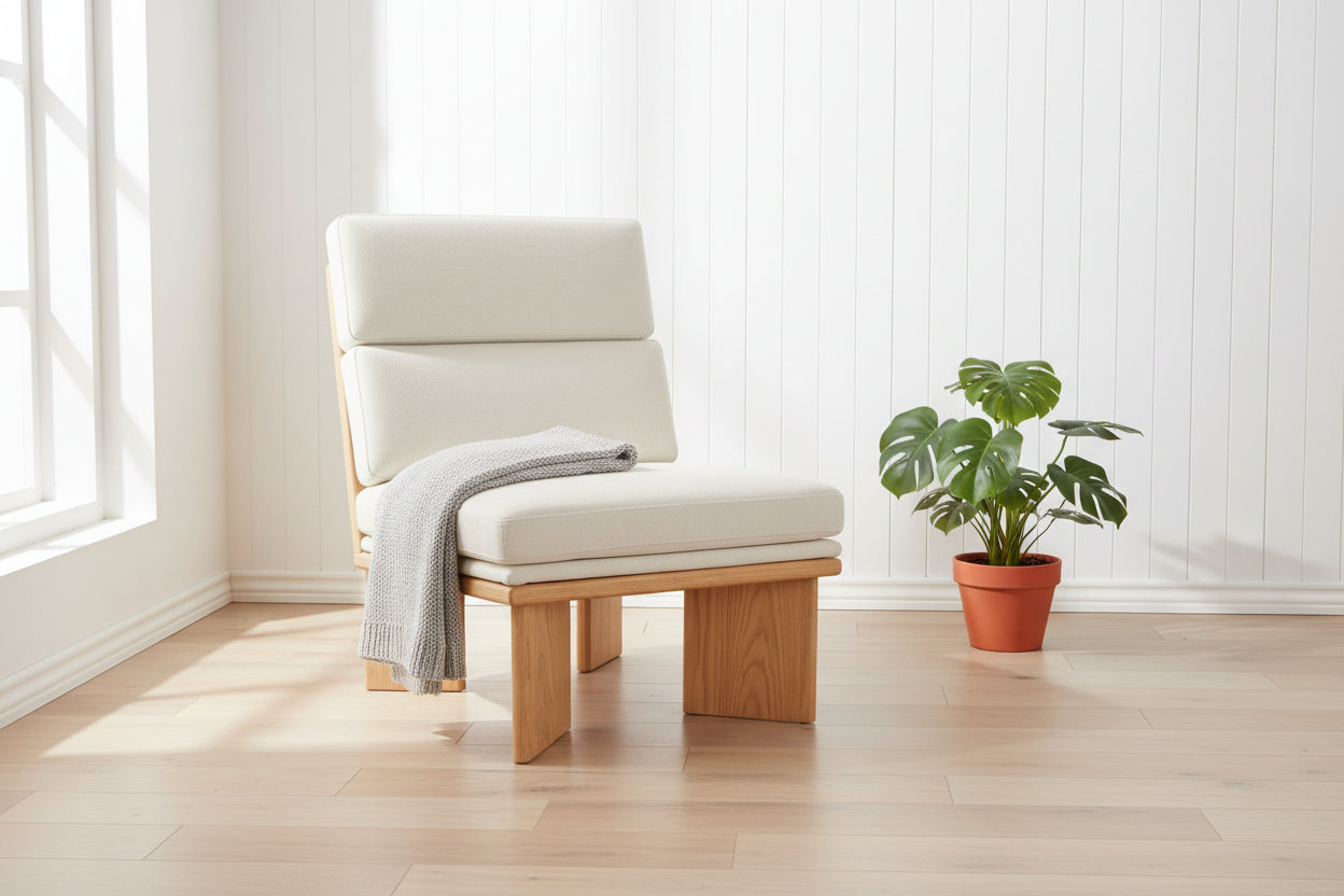 Oak Frame Lounge Chair with Herringbone Upholstery