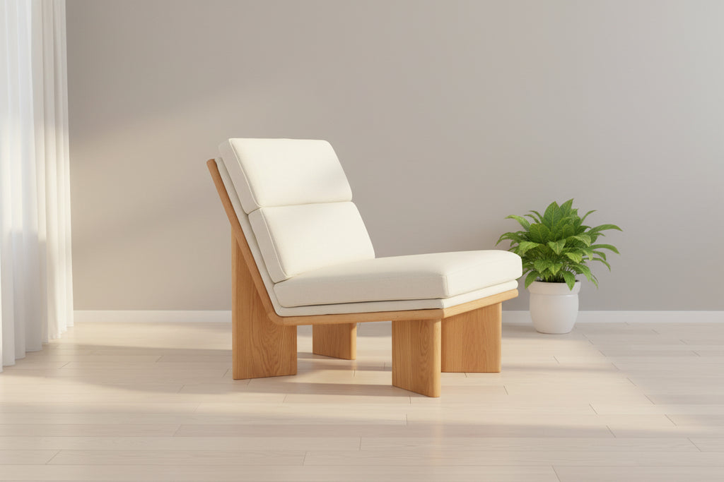 Oak Frame Lounge Chair with Herringbone Upholstery