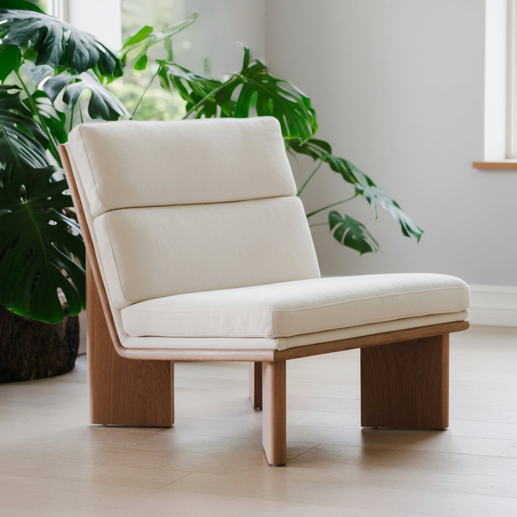 Oak Frame Lounge Chair with Herringbone Upholstery