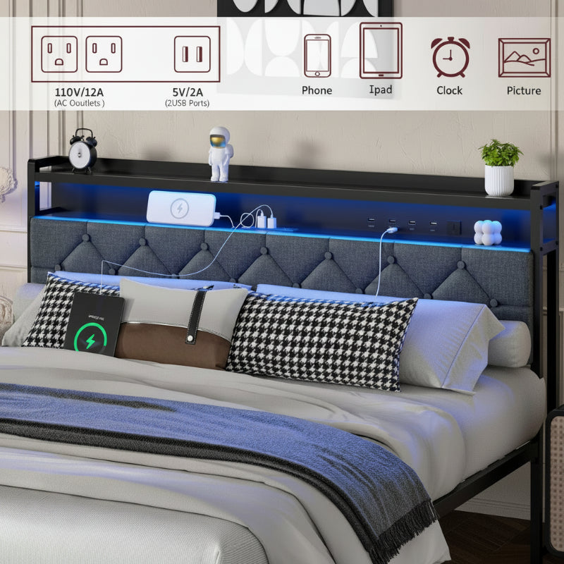 Bed Frame with LED Light and 2 Drawer Metal Platform Set