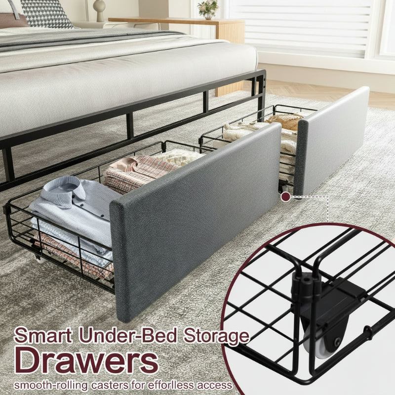 Bed Frame with LED Light and 2 Drawer Metal Platform Set