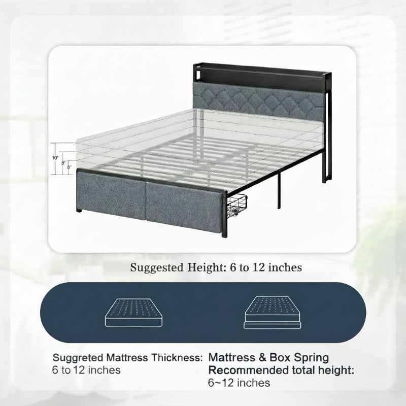 Bed Frame with LED Light and 2 Drawer Metal Platform Set