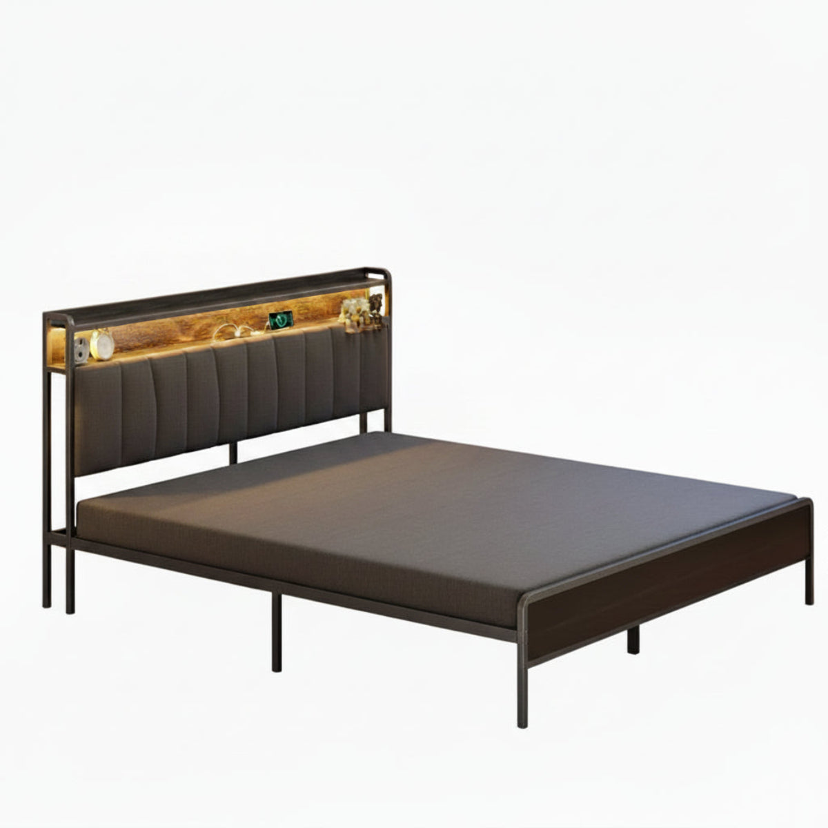 Bed Frame with LED Light and 2 Drawer Metal Platform Set
