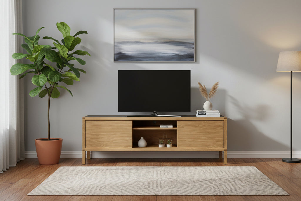 White Oak Media Unit with Modern Storage Design